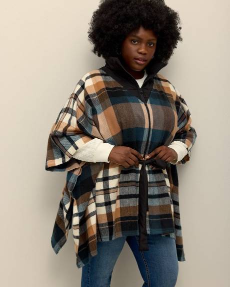 Puffer-Neck Belted Plaid Cape with Front Zipper