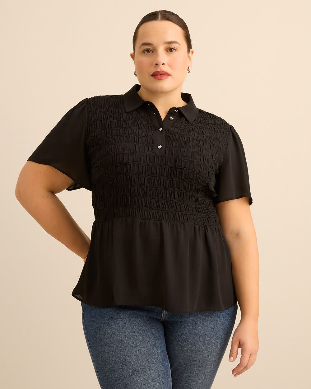 Blouse &agrave; smocks avec col chemise et ourlet &eacute;vas&eacute;, tissu responsable