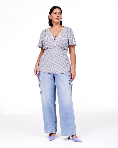 Short-Flutter-Sleeve Blouse with Buttoned V Neckline - Addition Elle