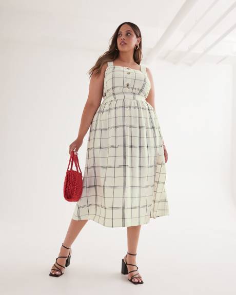 Blouse carreautée avec boutons décoratifs, mélange de lin