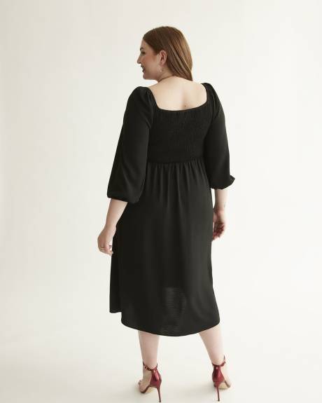 Black Smocked Midi Dress with Balloon Sleeves