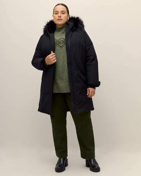 Knee-Length Parka with Removable Faux-Fur Hood