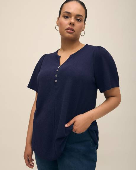 Buttoned Split-Neck Knit Top with Elbow Flutter Sleeves