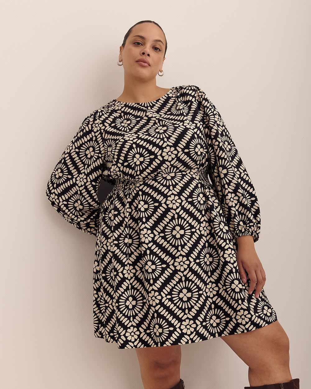 Black Long-Sleeve Fit-and-Flare Short Dress