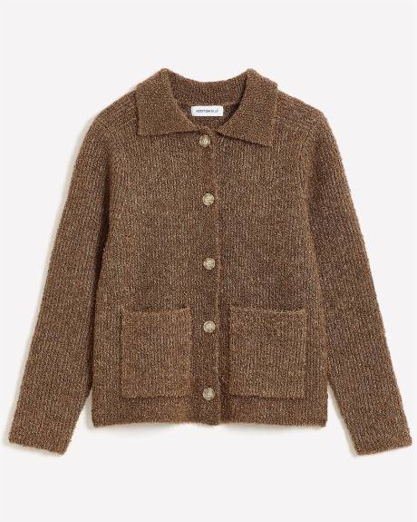 Boucle Knit Cardigan with Shirt Collar - Addition Elle