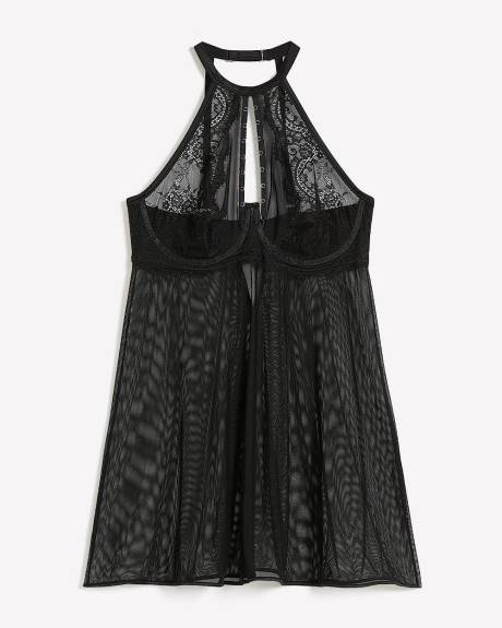 Sexy Black Halter Nightgown with Laced-Up Details - Déesse Collection
