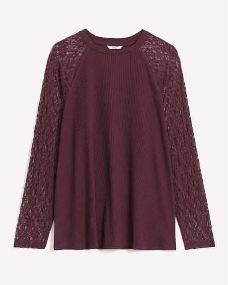 Ribbed Knit Top with Long Lace Sleeves