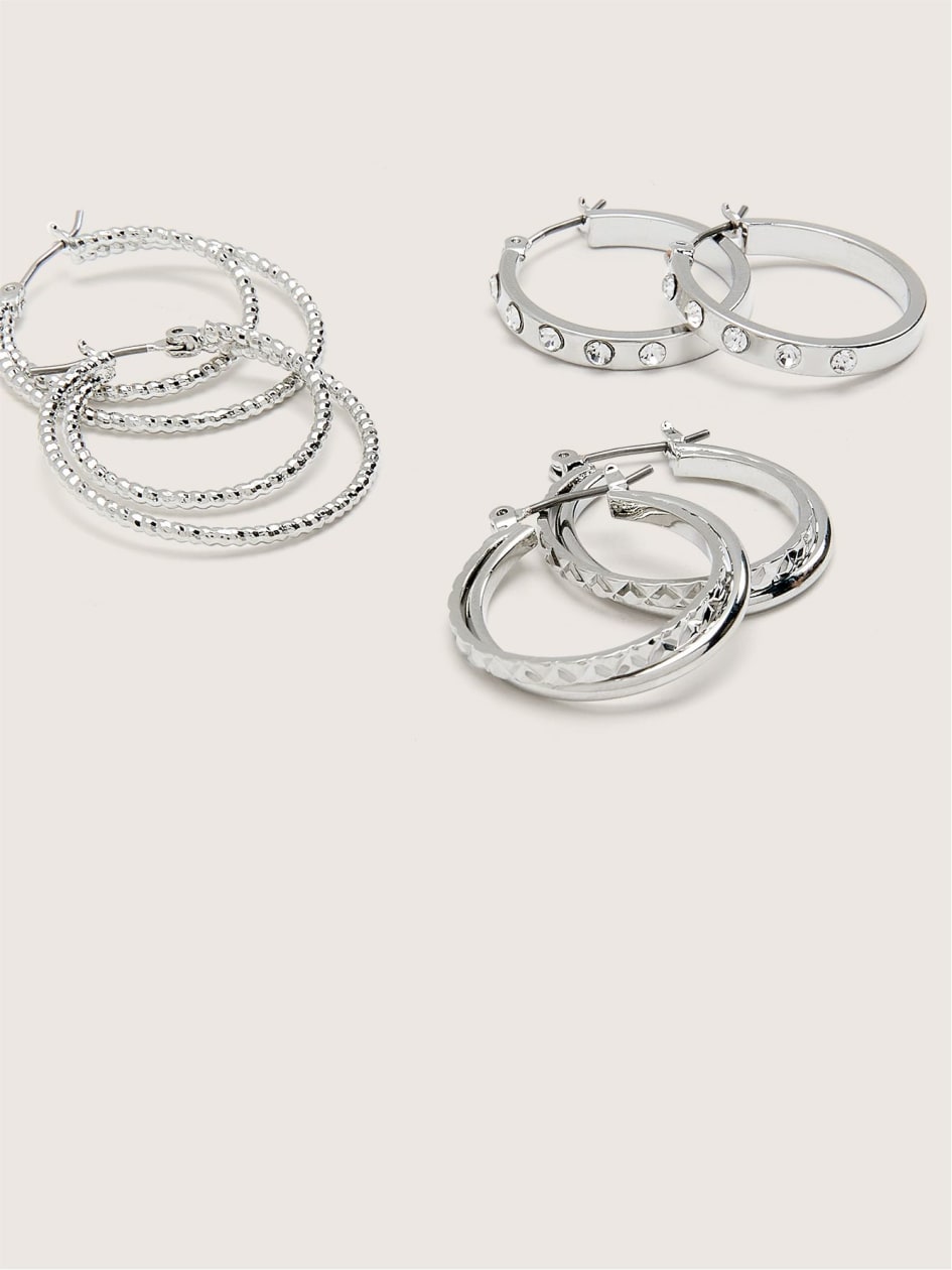 Assorted Silver Hoop Earrings, Set of 3
