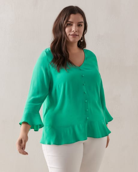 Solid V-Neck Blouse With Ruffles - In Every Story