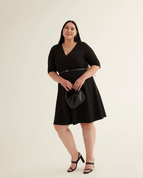 Black Fit-and-Flare Elbow-Sleeve Dress
