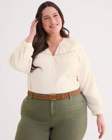 Split-Neck Long-Sleeve Peasant Blouse