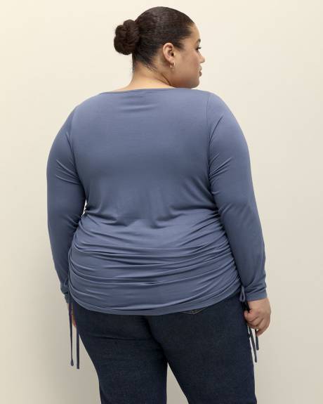Boat-Neck Knit Top with Side Drawstrings