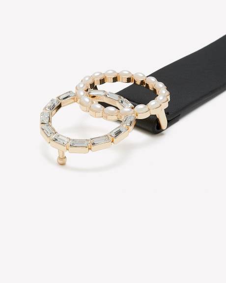 Black Denim Belt with Double Ring Pearl Buckle