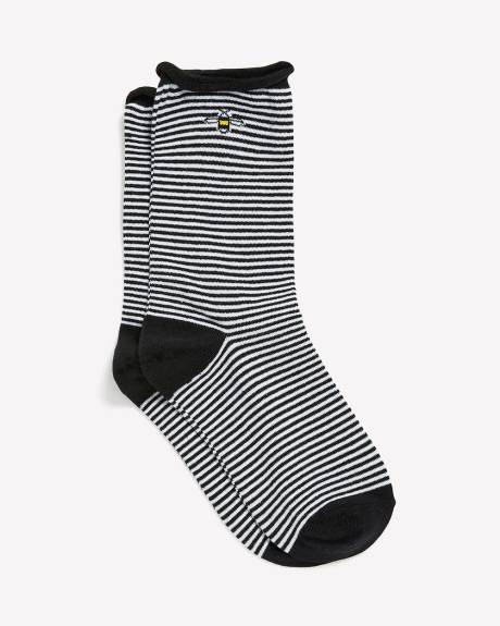 Striped Rolled-Edge Crew Sock with Bee
