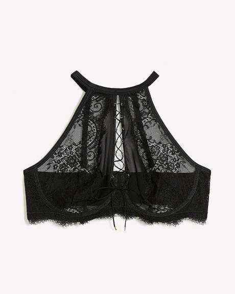 Sexy Black Halter Bra with Laced-Up Details - Déesse Collection