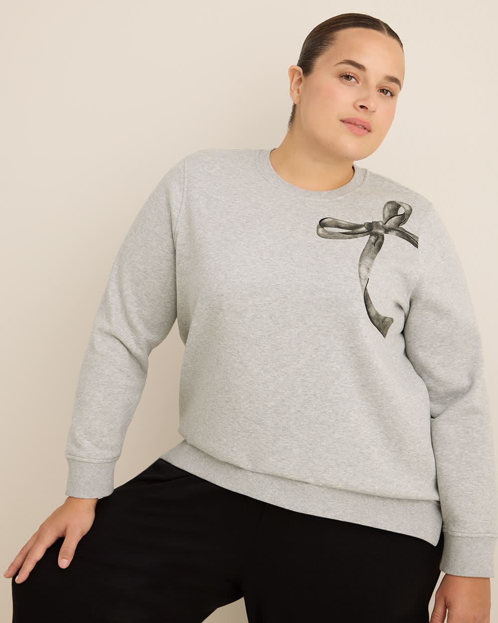 Heather Grey Fleece Crewneck Sweatshirt with Bow Heather Grey Fleece Crewneck Sweatshirt with Bow