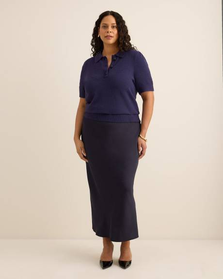 Plush Short-Sleeve Polo Sweater with Fancy Buttons