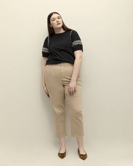 Cotton Knit Top with Short Bubble Embroidered Sleeves