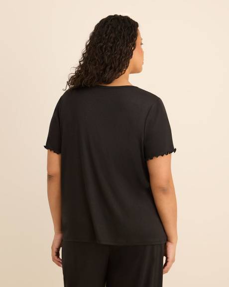 Black Heart Pointelle Pyjama Top with Lettuce Edge Sleeves - ti Voglio