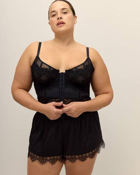 Bustier sexy noir en maille et dentelle à fermoir avant - Déesse Collection
