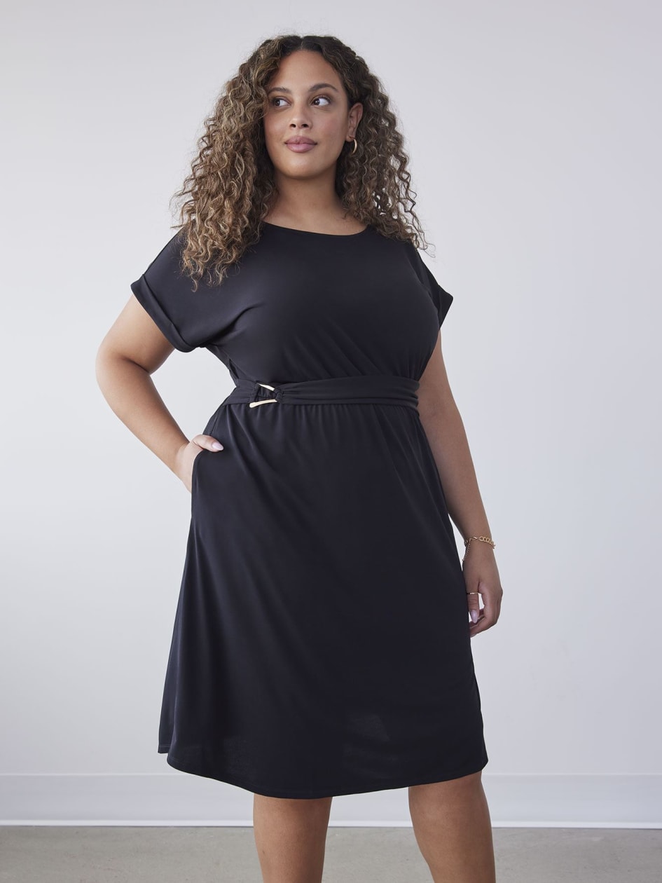 Black Knit Dress with Decorative Belt