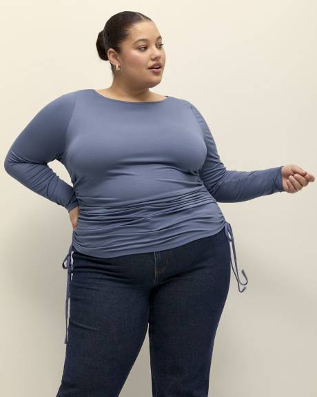 Boat-Neck Knit Top with Side Drawstrings