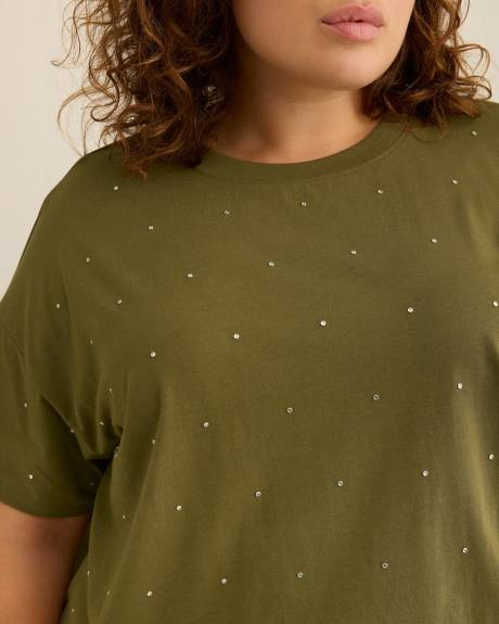 T-shirt col rond avec feuilles décoratives en strass