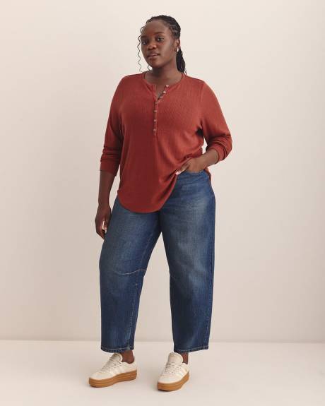 Long-Sleeve Pointelle Ribbed Knit Henley Top