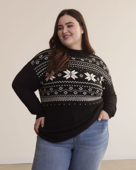 Fair Isle Tunic Pullover Sweater with Mock Neck
