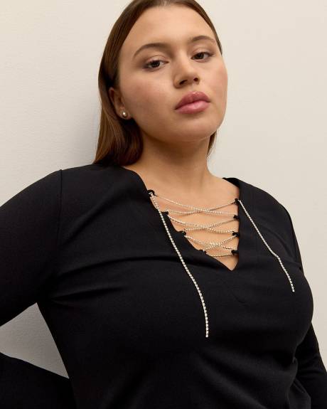 Black Laced V-Neck Knit Top with Rhinestone Cord - Addition Elle