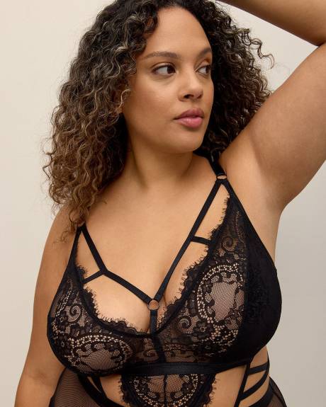 Underwire Bodysuit with Scalloped Lace and Fishnet Mesh - Déesse Collection