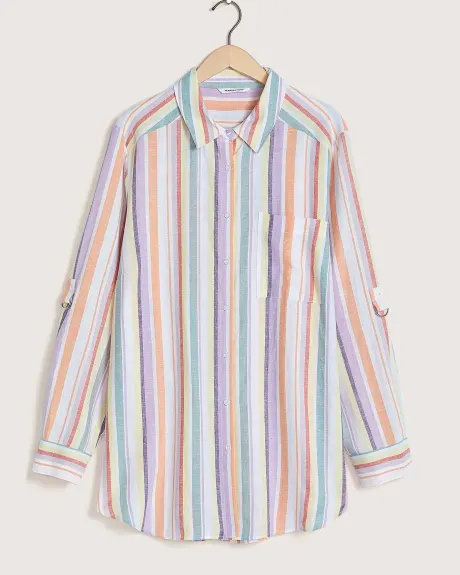 Linen Blend Striped Shirt, Roll-Up Sleeve