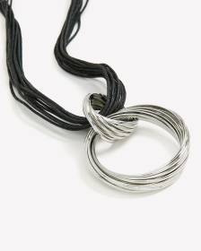 Rope Necklace with Chunky Metallic Thread Ring Pendant