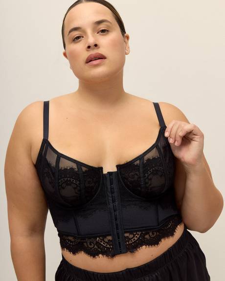 Bustier sexy noir en maille et dentelle à fermoir avant - Déesse Collection