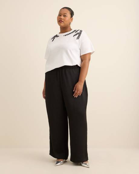 Crewneck Knit Top with Leaf Rhinestone Embellishment