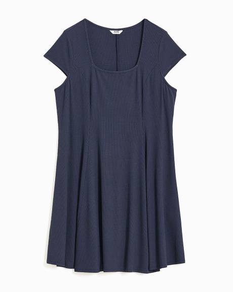 Responsible, Blue Short-Sleeve Square-Neck Rib Knit Dress