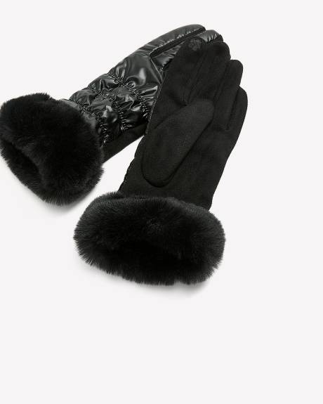Black Quilted Gloves with Faux-Fur Trim