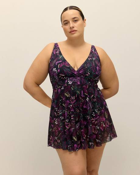 Leaf-Print V-Neck Swimdress with Mesh Skirt