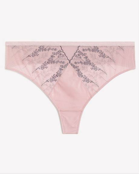 Lilac Satin Thong with Lace Embroidery - Déesse Collection