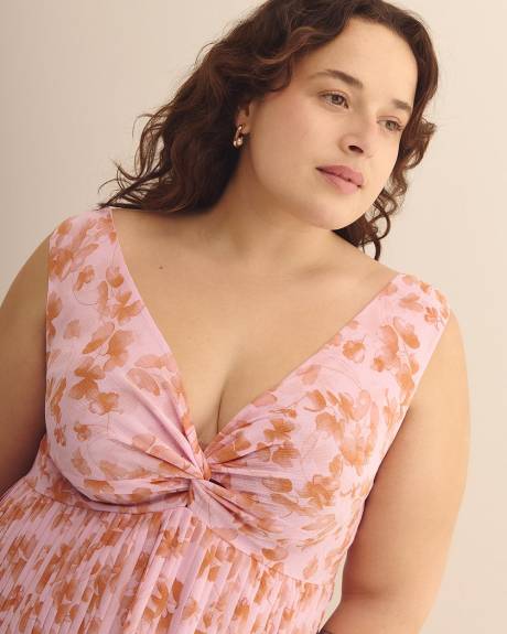 Floral Knotted Sleeveless Dress with Pleated Skirt - Addition Elle