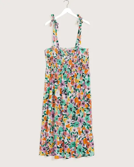 Floral Smocking Swim Cover-Up Dress with Tie Straps
