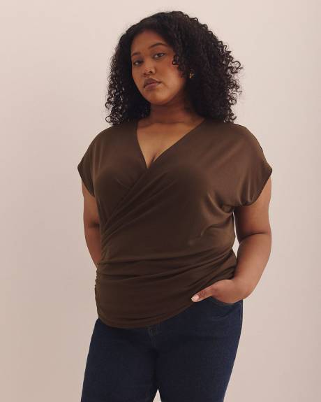 Overlap-Front Knit Top with Shirring at Side