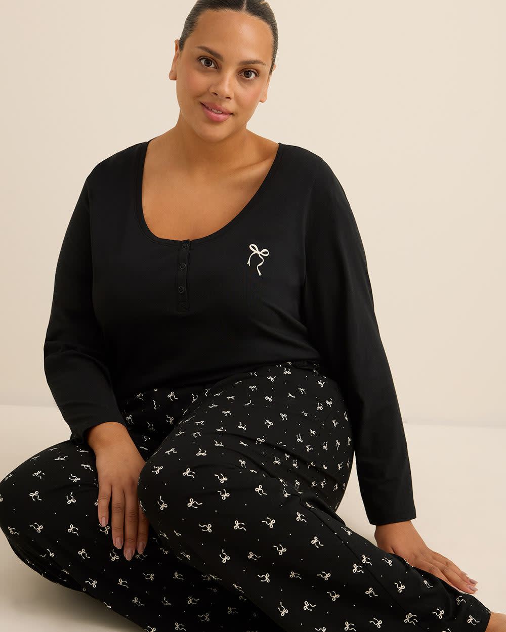 Black Bow-Print Cotton Knit Pyjama Pant - ti Voglio Black Bow-Print Cotton Knit Pyjama Pant - ti Voglio