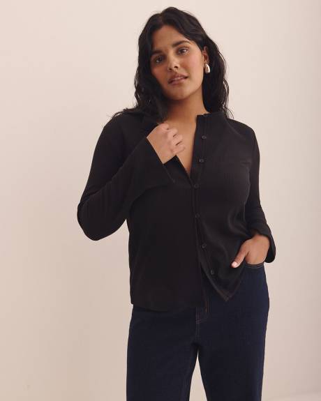 Cardigan côtelé noir court à devant boutonné - Addition Elle