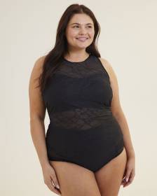 Black Pattern-Mesh Tankini Top