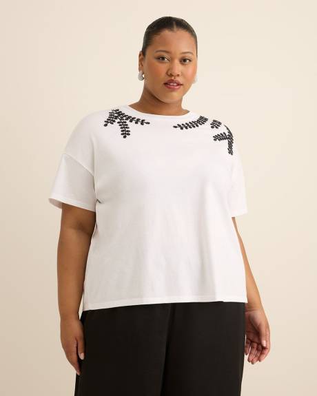 Crewneck Knit Top with Leaf Rhinestone Embellishment