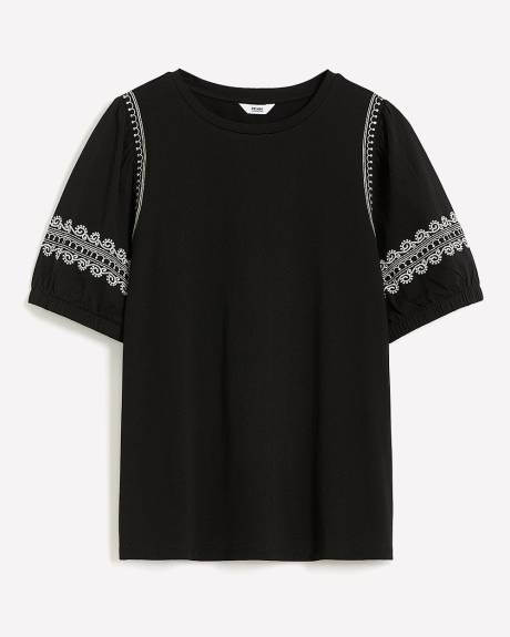 Cotton Knit Top with Short Bubble Embroidered Sleeves