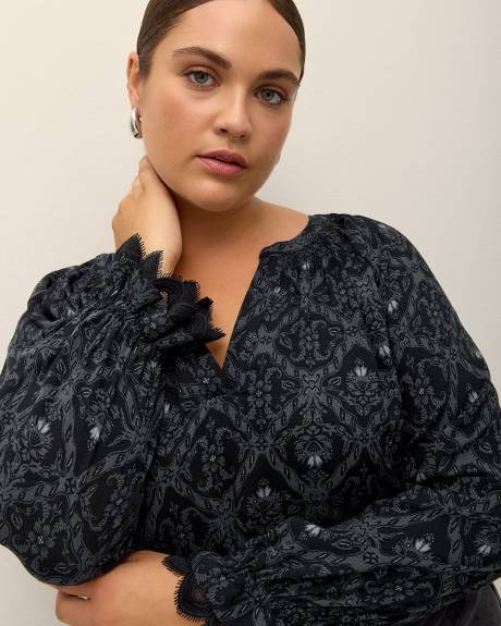 Long-Sleeve A-Line Blouse with Split Neckline