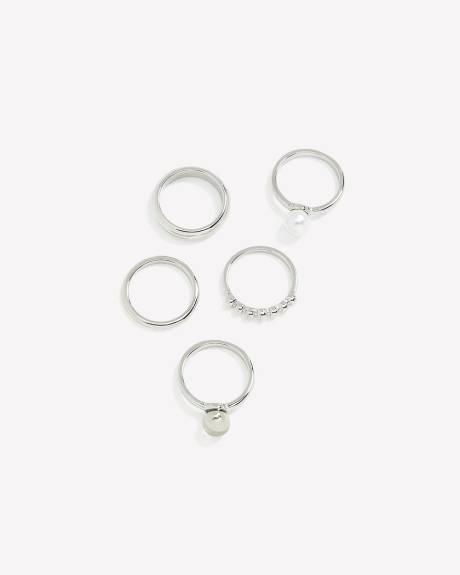 Assorted Silvery Rings with Pearl, Set of 5