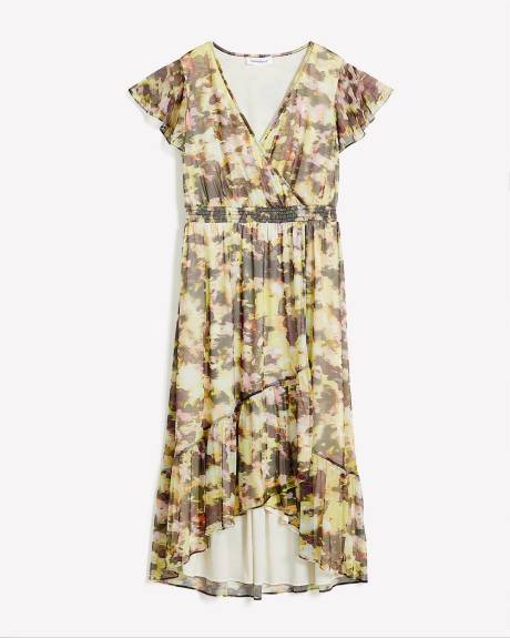 Printed Mesh Dress with Ruffle Details - Addition Elle